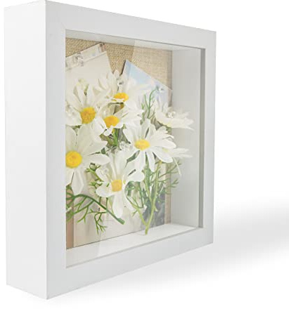GraduationMall 8x8 3D White Shadow Box Frame Deep Display Frame with Linen Back,Ideal for Memorabilia Pictures Flowers Medals Tickets,Tabletop and Wall Hanging