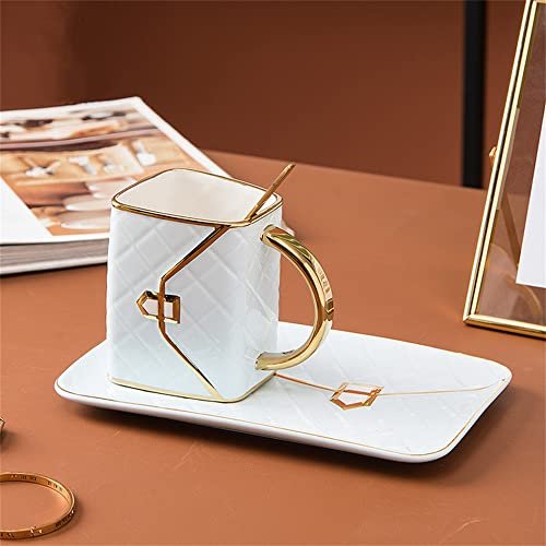MVSR Tassen Untertassen Set Cappuccino Tassen Handtasche Styling Kaffeetassen Porzellantasse Keramische Teetasse mit Löffel, 310ml (blau)