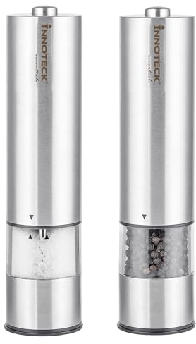 Innoteck Essentials Electric Salt and Pepper Mill Set - Battery-Operated Stainless-Steel Pepper Mill with Light - One Touch Operation - Salt & Pepper Mills - Adjustable Coarseness - Ceramic Grinder