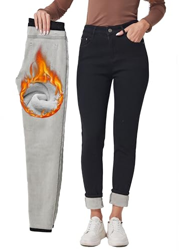 Fakanhui Pantalon en jean thermique pour femmes - Doublé en polaire - Hiver - Skinny - Denim, L
