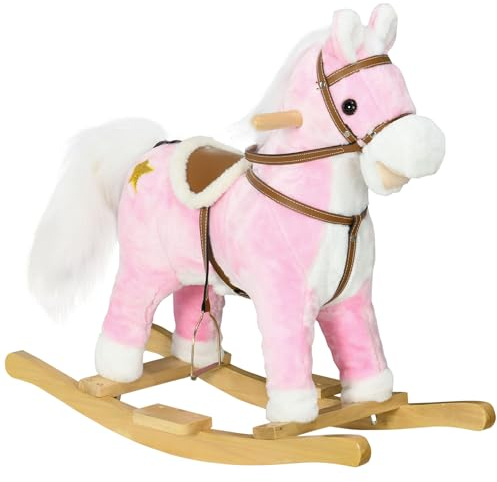HOMCOM Schaukelpferd, Baby Schaukeltier aus Plüsch, Kinderschaukelstuhl mit Soundfunktion, Fußstütze, Baby Schaukelpferd für Kinder 3 bis 6 Jahre, Holz, Rosa