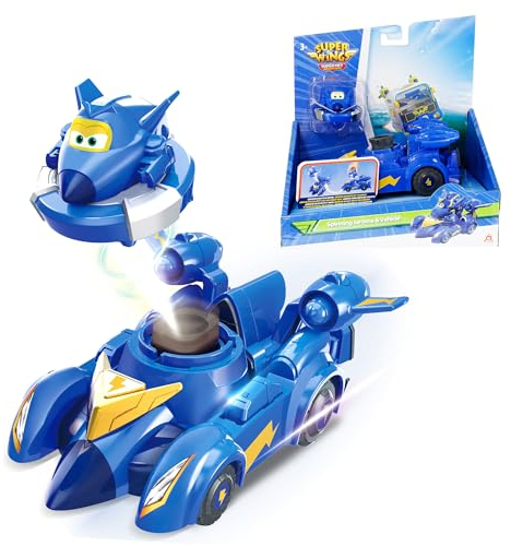 Super Wings Spinning Jerome & Fahrzeug, 2-in-1 Spinning oder Fahrzeug-Modus Drücken Sie die Taste Pop Out Battle Spielzeug für 3 4 5 6 7 8 Jahre alt Kinder Geschenk