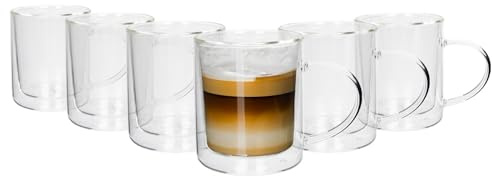 Rink Drink Double Walled Tea Mugs - 360ml - Pack of 6 - Heat Resistant Glass Coffee Mug Latte Glasses Hot Chocolate Mug Cappuccino Cup Tea Glass Mugs with Handles