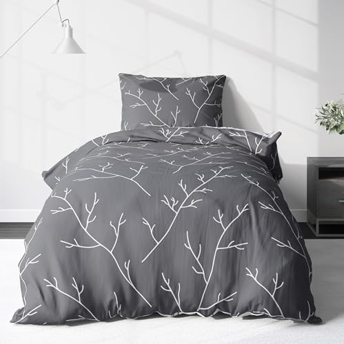 LINKHOFF Juego de ropa de cama de franela, 155 x 220 cm, diseño de ramas, color gris y blanco, 100% algodón, diseño floral