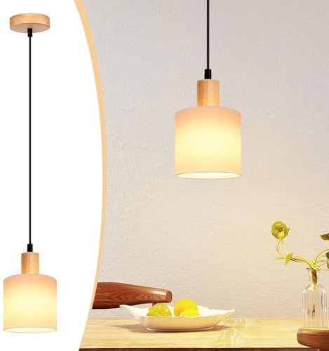 Glitzerlife Pendelleuchte 1 Flammig Esstischlampe Holz - Esszimmerlampe E14 Weiß Vintage Hängelampe Rustikal Küche Flurlampe Stoff für Flur Esstisch Schlafzimmer Wohnzimmer