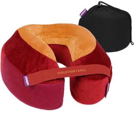 Cabeau Best Neck Pillow for Travel – Evolution Earth Deluxe – 360° Head, Neck and Chin Support for Sleeping – Sustainable Memory Foam - Removable, Washable Cover with Compact Carrying Case (Fire)