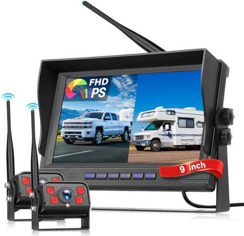 Hodozzy 2 Telecamere Posteriore Digitali Wireless con Monitor IPS da 9 Pollici, Telecamera Retromarcia Impermeabile IP68, Visione Notturna IR, Supporta BSD,Telecamera DVR 720P per Camper/Camion