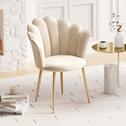 Armchair Tub Chair, Velvet Vanity Chair Shell Accent Chairs with Gold Plating Metal Legs, Leisure Single Sofa Dressing Chairs for Home, Office, Bedroom, Living Room, Dining Room, Beige