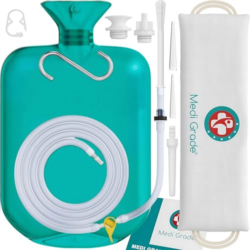 Medi Grade Kit de Enema para Uso Doméstico 2 Litros, Turquesa - Kit Limpiador Íntimo - Incluye Bolsa de Drenaje de Reutilizable - Accesorios e Instrucciones y más