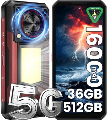 OUKITEL WP56 Téléphone Incassable Android 15-16000mAh Smartphone Incassable 36Go+512Go/2To,6.8 FHD+,108MP+32MP, 1000LM Lampe de Camping Telephone de Chantier 5G Dual SIM/NFC/GPS/128dB Enceinte Rouge