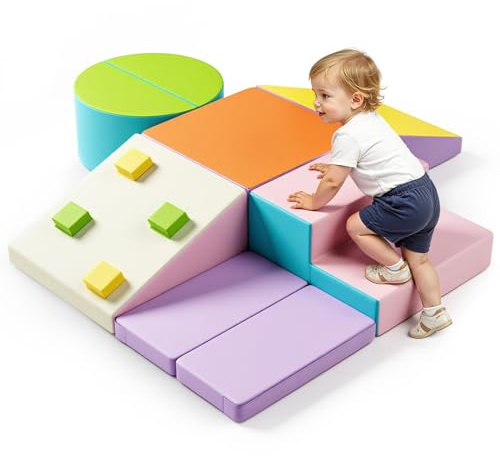 Brolteja Baby-Schaumstoffbausteine, Softplay-Set für Kleinkinder von 1–3 Jahren, Baby-Kletterturm mit Rutsche, große Bausteine ​​für Kleinkinder (Makkaronfarbe-7-Lederabdeckung)