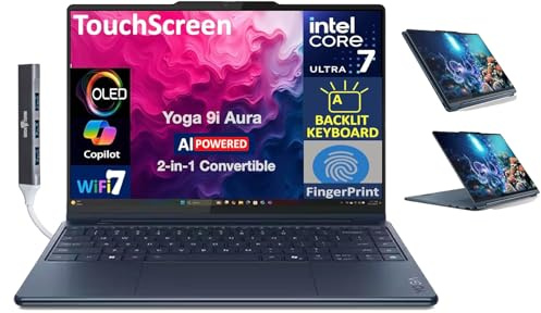 Lenovo Yoga 9i Aura Edition HIGH Performance 2-in-1 Laptop 14.0 Touchscreen OLED 2.8K Display (Intel Ultra 7-258V, 32GB LPDDR5X, 1TB SSD, Backlit KB, Fingerprint, Win11Pro) w/DKZ USB Port Expander