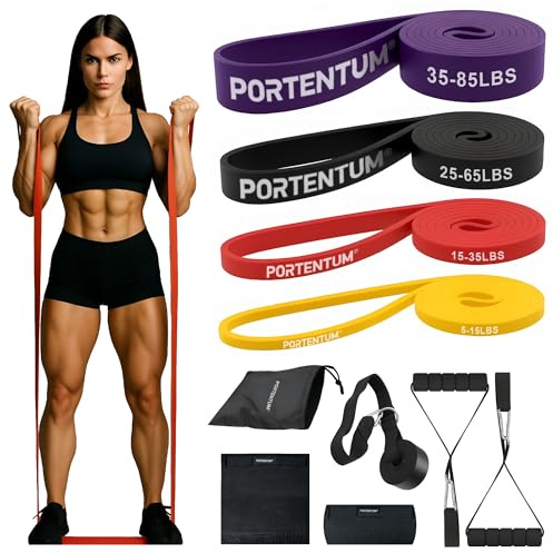 PORTENTUM Elastici fitness – Set da 10 – Bande elastiche 4 livelli intensità – Maniglie, ancoraggio porta, protezioni e borsa – Elastico palestra in casa uomini e donne – Forza Crossfit Yoga Pilates