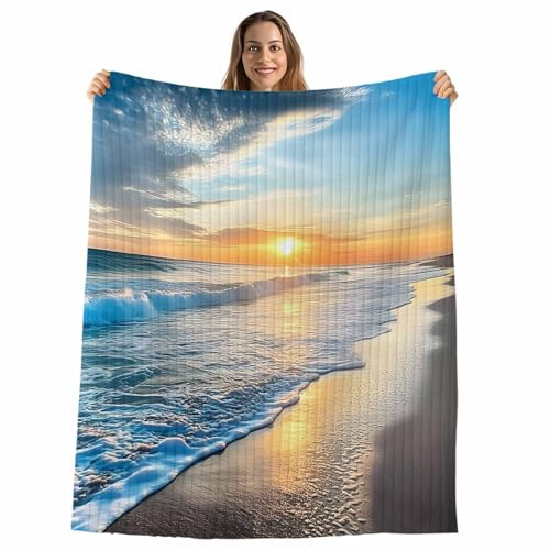 Sunset Beach Throw Blanket, Spray Ocean Waves Sky Nature Scenery Fluffy Soft Blankets for Couch Bed Travel, Plush Microfiber Striped Flannel Blankets, Lightweight Sofa Blankets 50x80