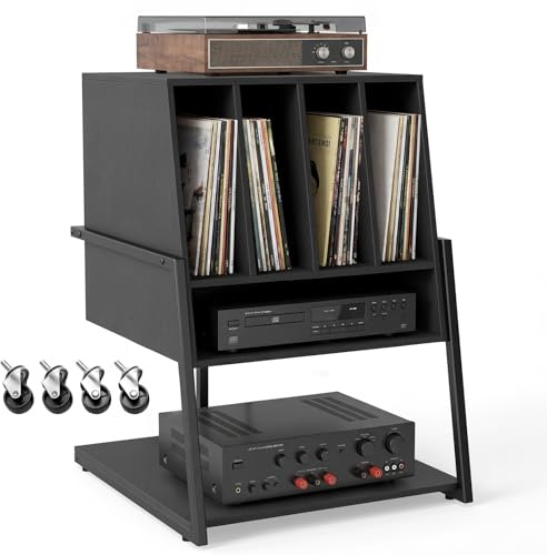 COSTWAY Meuble Platine Vinyle, Meuble Rangement jusqu'à 180 Vinyle, 4 roulettes Inclus, Étagères, 5 Compartiments, Support Tourne Disque pour Albums, Manga, Livres (sans Prise,Noir)