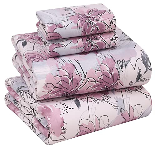 Ruvanti 100% Cotton Sheets - Crispy Cooling Percale Bedding Sheets for King Size Bed, Breathable & Durable King Sheet Set, 16 Inches Deep Pocket Bed Sheets, Lilac Floral, 4 Pieces