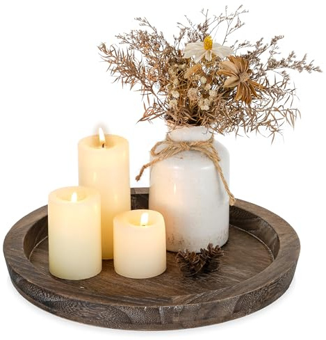 Romadedi Farmhouse Wooden Candle Tray - 11 Inch Round Decorative Trays for Coffee Table Dining Centerpiece Kitchen Counter Candle Holder Wood Trays for Christmas Rustic Home Decor