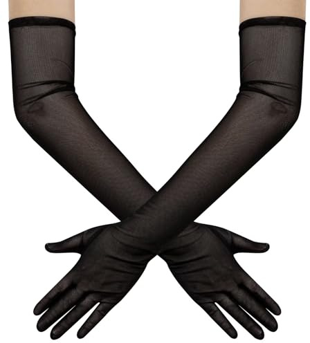 Hazhlko Women's Long Stretchy Mesh Tulle Sheer Gloves Costume Wedding Opera Halloween Party 1920's Dance Gloves Black