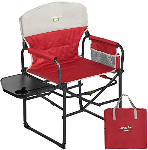 SUNNYFEEL Camping Director Chair, Portable Folding Chair with Side Table and Storage Pouches, Compact Heavy Duty for Adults Outdoor(Red Grey)