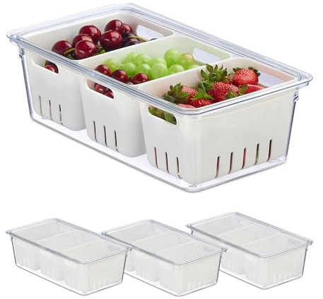 Relaxdays Kühlschrank Organizer, 4er Set, stapelbar, 3 Abtropfkörbe, Lebensmittel Organizer mit Deckel, transparent/weiß