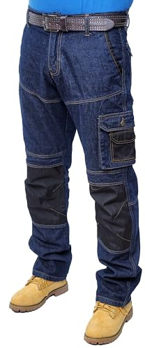 HASHOOB TRADING FZE Men's Work Jeans Trousers Heavy Duty Multi Pocket Cargo Combat Work Trousers Builder Safety Work Jeans (BLUE1-34WX30L)