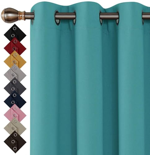 Turquoise Blackout Curtains for Bedroom Windows 90 x 90 Drop Inch, 2 Panels | Thermal Insulated Energy Saving Black Out Ring Top Eyelet Curtains & Drapes for Living Room Windows