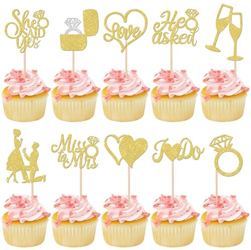 30 Stück He Ask She Said Yes Tortendeko Glitzer Miss to Mrs Cupcake Toppers Diamant Ring Kuchen Deko für Verlobung Hochzeiten Thema Party Kuchen Dekorationen Gold