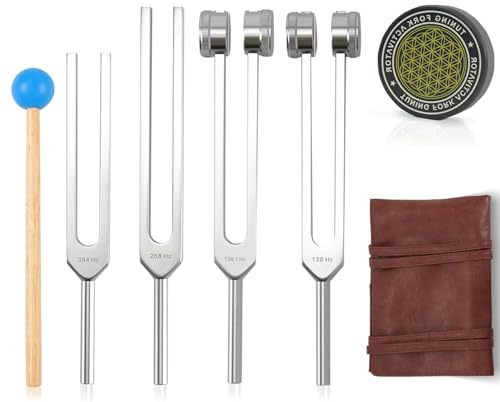 Juego de tenedores de afinación para curación, incluye 128 Hz, 136 Hz, 256 Hz, 384 Hz y activador, portátil en bolsa de cuero rojo, instrumentos de curación de sonido de grado médico para chakra, yoga