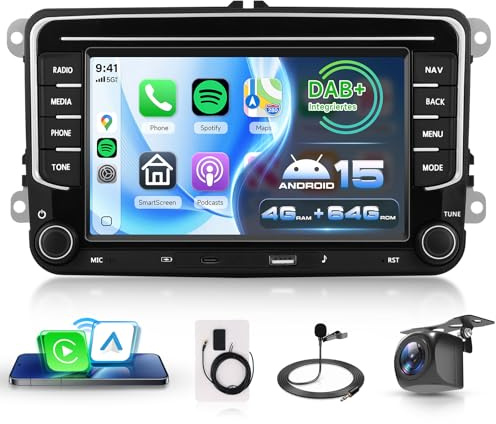 VECHTEL DAB/DAB+ 4G+64G Autoradio Android 15 per VW Golf 5 6 Passat Jetta Caddy EOS T5 Touran CC Polo, 7'' HD Schermo co Carplay Android Auto senza Fili GPS WiFi USB Tipo-C Bluetooth FM RDS Camera