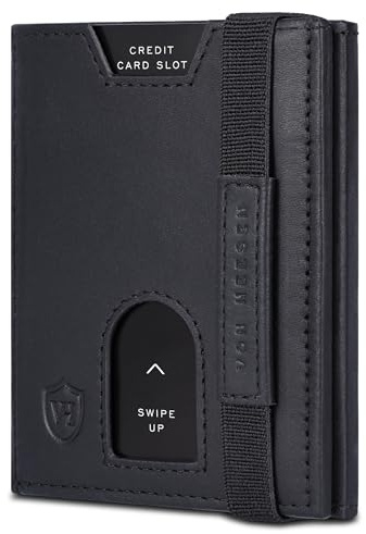 VON HEESEN Slim Wallet mit XL Münzfach & RFID-Schutz - Leder Geldbeutel - Mini Geldbörse für Herren und Damen - Kartenetui Echtleder Karten Portemonnaie klein - Kreditkartenetui Schwarz (Waxy)