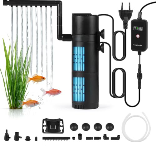 SWAWIS 5 in 1 Filtre Aquarium 500L/H mit 6W UV Stérilisateur Lampe et Minuteur, Pompe Aquarium pour Filtration Aération Stérilisation, pour Aquariums de 50 à 125L(8W)