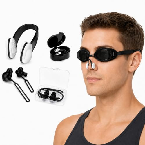 JOVYTH Set Natation Noir 2 Pièces, 1 Pince Nez Avec Boîte et 1 Paire de Bouchons d’Oreilles Avec Cordon Anti Perte Pour Piscine