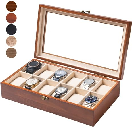 Exper City Watch Box, Watch Case for Men Women with Large Glass Lid, Wooden Watch Display Storage Box with 12 - Slots, Classic Walnut Mens Watch Box Organizer