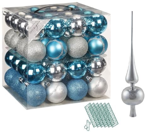 JACK 64x Kunststoff Christbaumkugeln Ø 6cm + Spitze 28cm inkl. Aufhänger Dekor Kugeln Set Weiß Rot Gold Grün Blau Silber, Farbe:Türkis-Silber