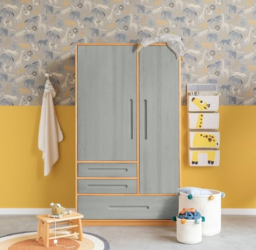 BioKinder Kleiderschrank Kinderschrank 2-türig Lina aus zertifizierten Massivholz Erle & Kiefer Elefantengrau lasiert H 190 x B 153 x T 55 cm