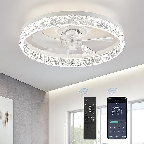 LEDIARY 20 Modern Ceiling Fans with Lights and Remote, Dimmable Low Profile Ceiling Fan, Flush Mount Ceiling Fan, Stepless Color Temperature Change and 6 Speeds - White