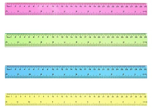 RTRTGS 4 pezzi Righello Plastica, 30 cm Righelli Plastic Ruler per Studenti Scuola Ufficio (rosso, blu, verde, giallo)
