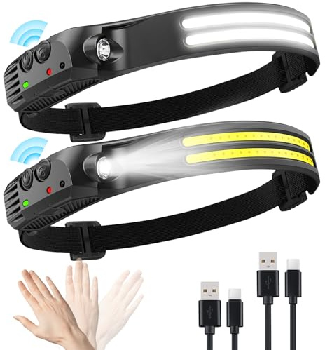 WenYa Head Torch Rechargeable, 270° Wide Angle Headtorch with Hands Free Sensor 5 Lighting Modes, Lightweight Waterproof Led Headlamp for Camping Fishing Running, 2Pack