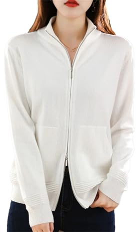 Suéter de lana para mujer, suéter de lana con puño y cremallera doble, cárdigan de punto casual para mujer, chaqueta suave, blanco, L