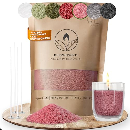 comforder Sabbia per Candele con stoppini, granuli di Cera, Candele Fai da Te, 400 g, Perline di Cera per Candele + 4 stoppini per Candele (Rosa)