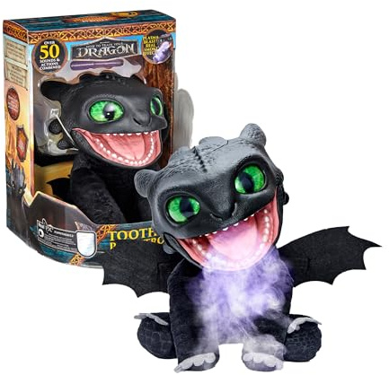 Puppetronic Real FX Toothless - Peluche de Destentao de Cómo Entrenar a tu Dragón, Marioneta Electrónica de 30 cm, +50 Reacciones y Sonidos, Efectos de Humo y Fuego, 6+ años, Famosa (RE000000)