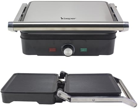 BEPER P101TOS503 GRAND GRILL Gril électrique multifonction 3 en 1 – Poêle à steak, plaque à panini et barbecue – Plaques de 28 x 25 cm, ouverture à 180°, thermostat réglable – 2000 W