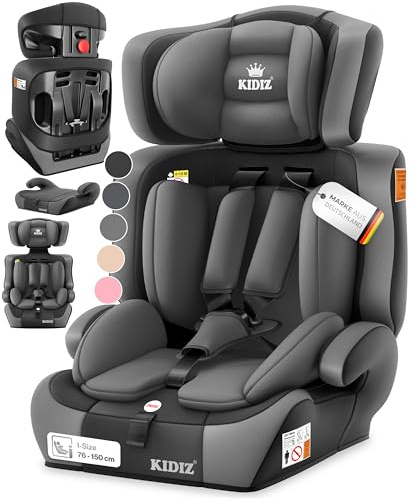 KIDIZ Seggiolino auto per bambini, gruppo 1 + 2 + 3, 9 – 36 kg, cintura di sicurezza a 5 punti, seggiolino auto, poggiatesta regolabile, rialzo del sedile da 1 – 12 anni, stabile e sicuro