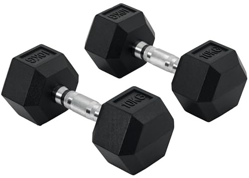 HOMCOM 2x10kg Rubber Hex Dumbbell Set Anti-Rolling Free Weights Dumbbells Pair with Knurled Grip for Home Gym Strength Training Exercise
