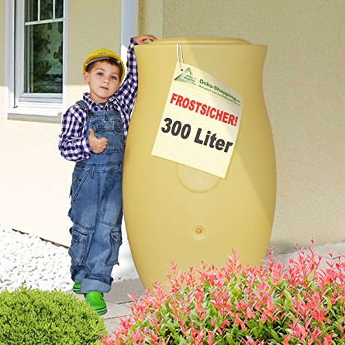 Regentonne Maja AMPHORE mit Pflanzschale 300L - Beige-gelb, frostsicheres Regenfass mit Wasserhahn, Nicht nur für den mediterrainen Garten, schöner Fast unverwüstlicher Regenspeicher!
