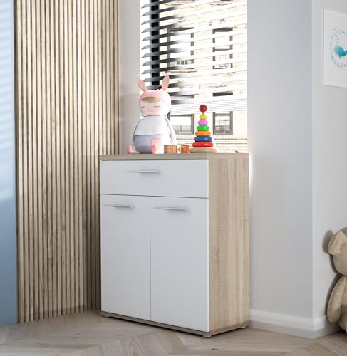 Forte Winnie Kommode mit 2 Türen und 1 Schublade, Holzwerkstoff, Sonoma Eiche / Weiß, 79,9 x 93 x 34,8 cm