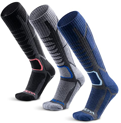 WEIERYA Merino Wool Ski Socks for Men & Women, Knee-High Winter Thermal Snowboarding Socks 3 - Pack Retro Black & Grey & Blue Medium