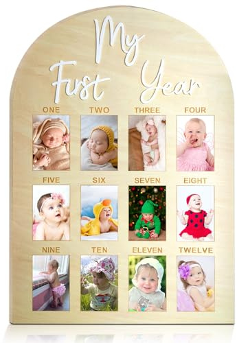 One Year Birthday Wooden Photo Board My First Year Milestone Photo Board 12 Monthly Picture Frame Baby First year Wood Acrylic Sign 1st Birthday Decorations Baby Keepsake Gift (2 x 3 photos - Wallet Size)
