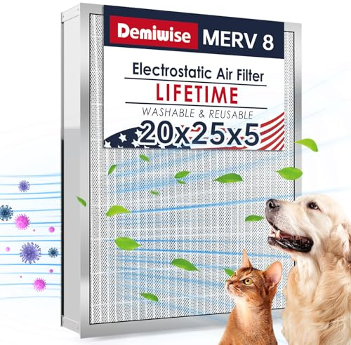 Demiwise 20x25x5 Washable Electrostatic Air Filter, MERV 8 Aluminum AC/HVAC Furnace Filter, Reusable Permanent Air Filter, Lasts a Lifetime, Increases Airflow（Actual Size:19.76x24.72x4.33)