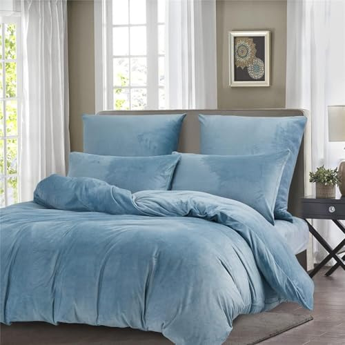 Gezu Copripiumino in flanella, 240 x 260 cm, colore blu chiaro, inverno, set da letto in velluto double face, spesso morbido e caldo, biancheria da letto per 2 persone, con 2 federe 65 x 65 cm con